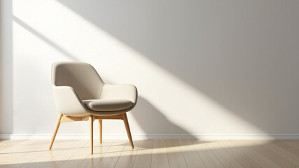 The image shows a white chair sitting on top of a wooden floor next to a window
