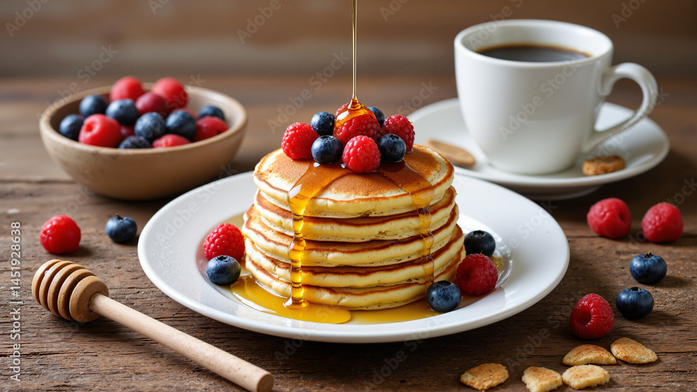 Poster the image shows a stack of pancakes with berries and syrup on a plate