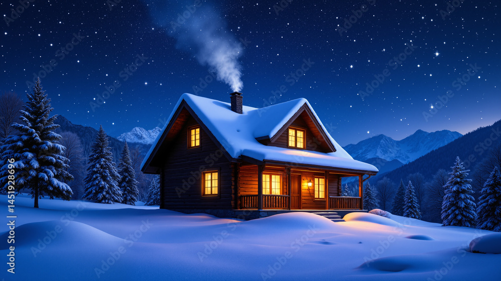 Poster the image shows a log cabin in the middle of a snowy field at night. the cabin is covered in a blank