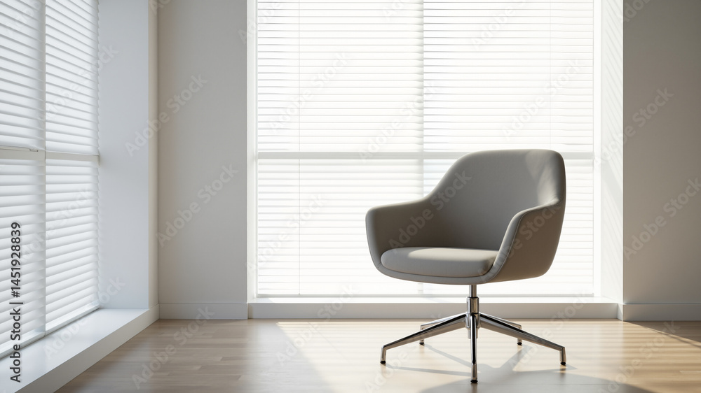 Poster the image shows a chair sitting in front of a window with window blinds. the chair is situated on th