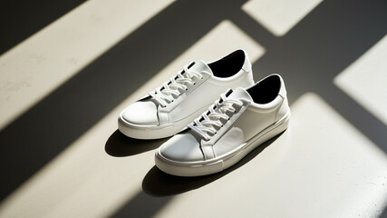 The image shows a pair of white sneakers sitting on top of a table. The shoes have a sleek design with a low-top silhouette and a lace-up closure. The white color of the shoes stands out against the t