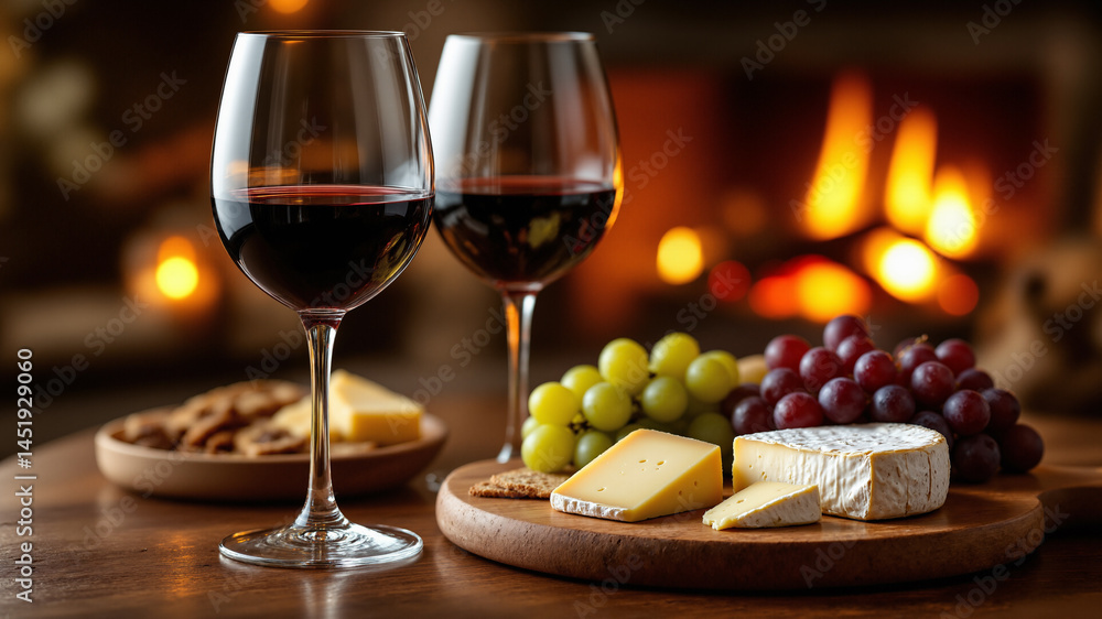 Poster the image shows two glasses of red wine and a plate of cheese and grapes on a table in front of a fi