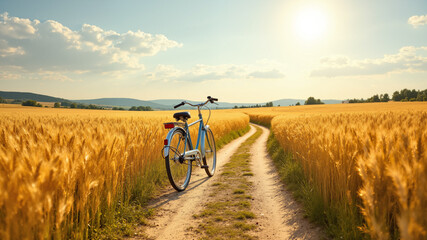 Fototapeta premium The image shows a bicycle parked in the middle of a wheat field