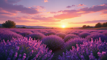 Fototapeta premium The image shows a stunning lavender field at sunset
