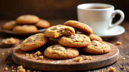The image shows a wooden cutting board with a plate of freshly-baked white chocolate macadamia nut cookies
