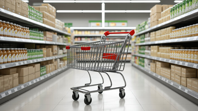 The image shows a shopping cart in the middle of a grocery store aisle