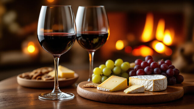 The image shows two glasses of red wine and a plate of cheese and grapes on a table in front of a fireplace