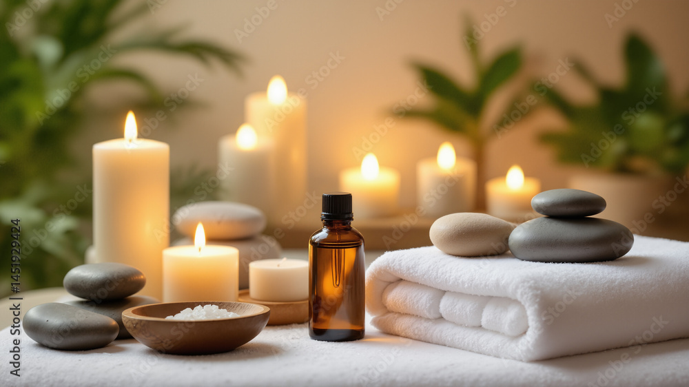 Poster the image shows a spa setting with candles