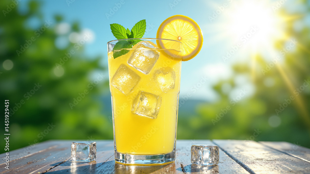 Poster the image shows a glass of lemonade with ice cubes and a slice of lemon on top