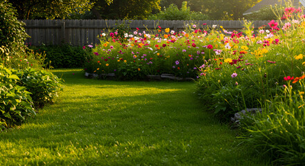 Lush Backyard Eden An Abundance Of Cosmos Flowers And Manicured Lawn