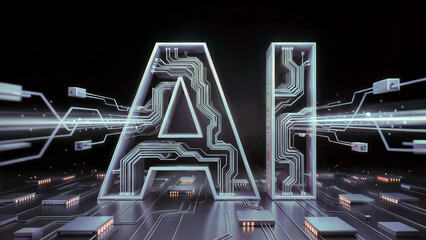 futuristic ai letters integrated with digital circuits representing artificial intelligence and advanced technology