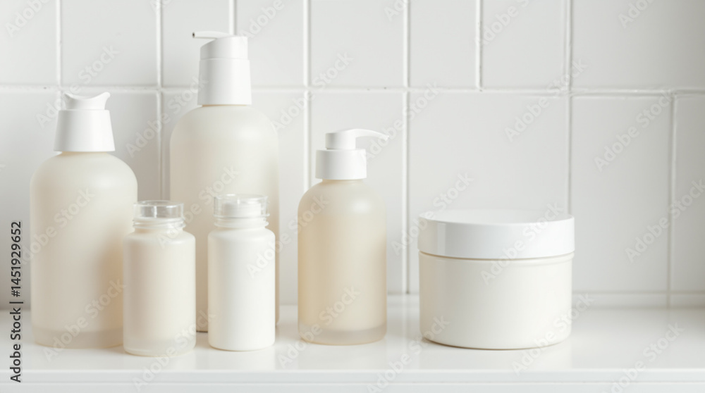 Poster the image shows a white shelf filled with various types of plastic bottles and containers. the bottl