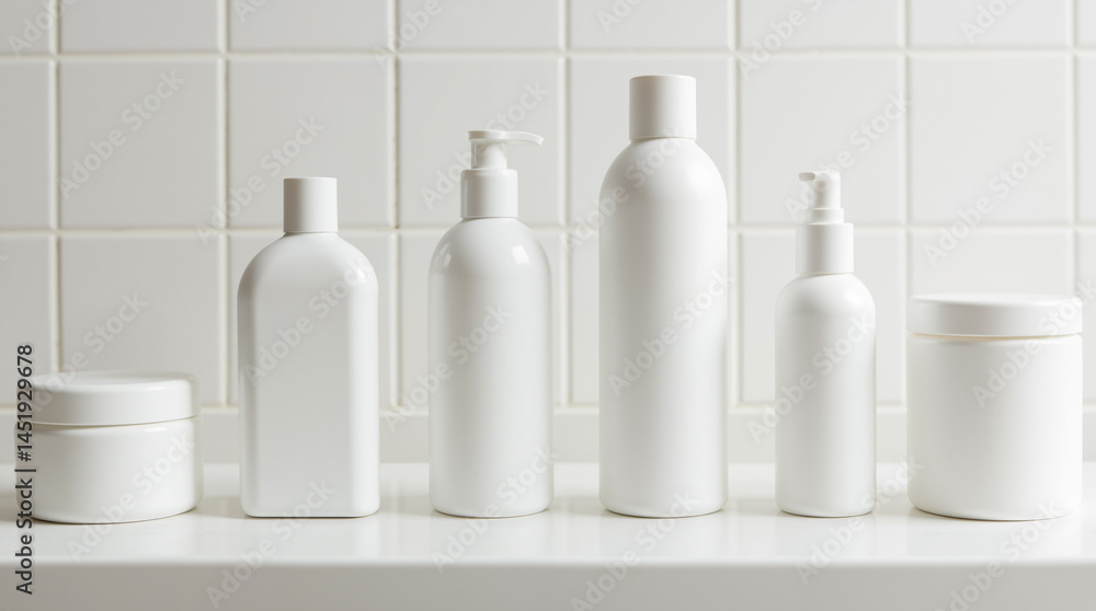 Poster the image shows a row of white plastic bottles and containers sitting on top of a white shelf