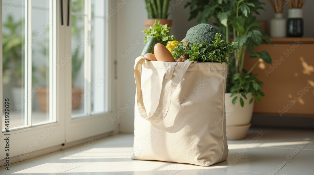 Poster the image shows a tote bag filled with vegetables sitting on the floor in front of a window