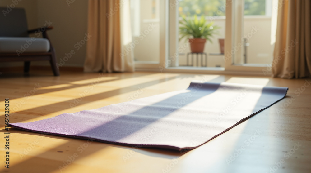 Poster the image shows a yoga mat on the floor in front of a window