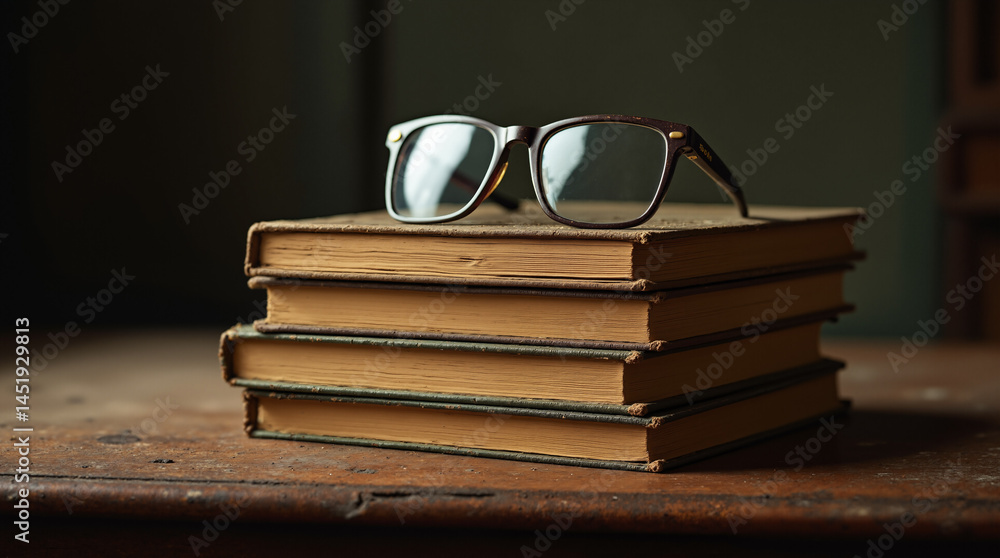 Poster the image shows a stack of books on a table with a pair of glasses perched on top. the background is