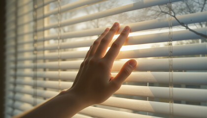 The image shows a person's hand reaching out of a window with white venetian blinds