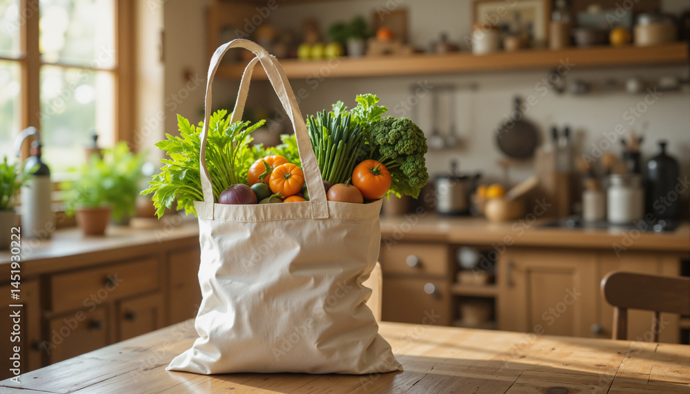Poster the image shows a tote bag filled with vegetables sitting on top of a wooden table in a kitchen. the