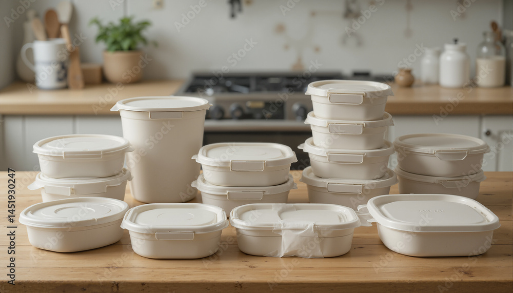 Poster the image shows a wooden table with a stack of white tupperware containers with lids on top of it. i