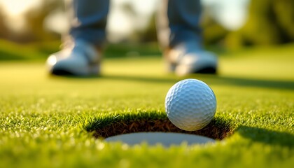 Golfer putting ball near hole