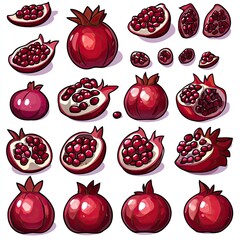 A Collection of Pomegranate Illustrations: Whole, Halved, and Seeded Variations in Vibrant Red Hues