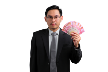 Confident young Asian businessman holding money bills and smiling isolated on transparent background