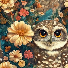 Owl perched among vibrant flowers in a lush garden setting during sunny spring days
