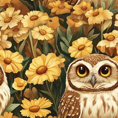 Brown owls among vibrant yellow flowers in a lush garden setting during daytime hours