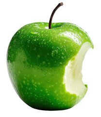 Green Apple with Bite Mark and Water Drops Isolated