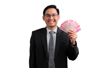 Confident young Asian businessman holding money bills and smiling isolated on transparent background