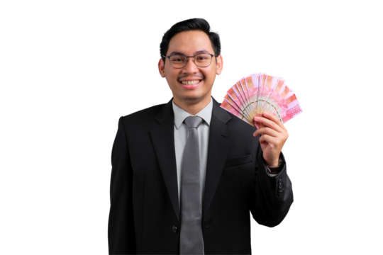 Confident young Asian businessman holding money bills and smiling isolated on transparent background