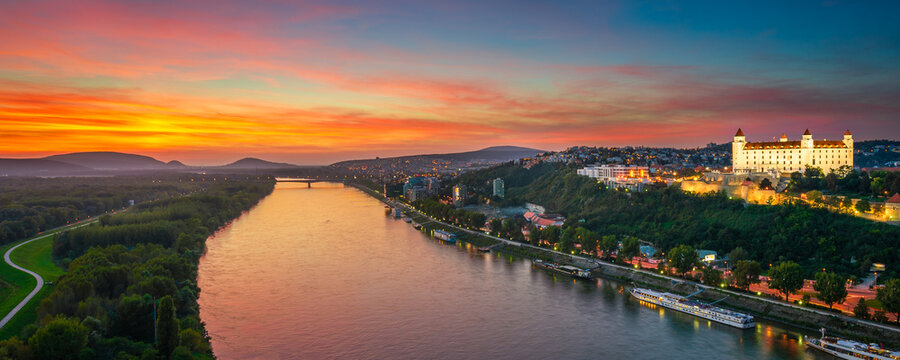 View of Danube river and Bratislava castle at sunset, Slovakia