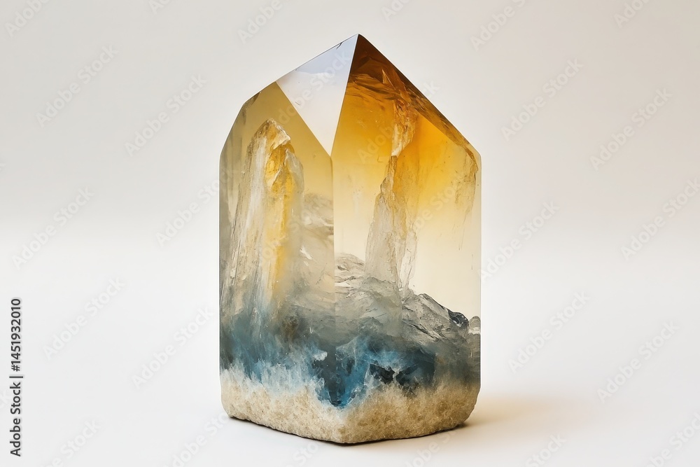 Poster a translucent crystal point with captivating color gradients.