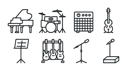 Fototapeta premium Music and instruments outline icons set – linear, minimal, concert visuals
