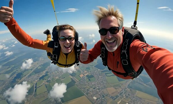 Skydiving couple mid-air holding hands with open parachutes, blue sky and landscape below. Concept of extreme sports and freedom