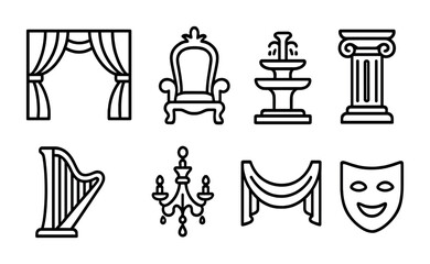 Theater and performance outline icons set &ndash; drama, stage, performing arts symbols