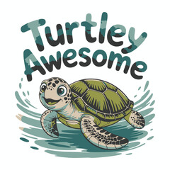 A cute green turtle, a slow reptile with a shell, is seen on the beach and in the wild nature of the water
