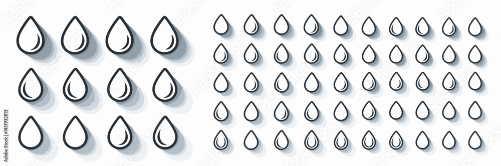 Poster raindrop icon set with shadows in various styles and sizes