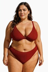 Smocked bikini. Plus-Size Curvy Model in Red Bikini on White Background - Generative AI