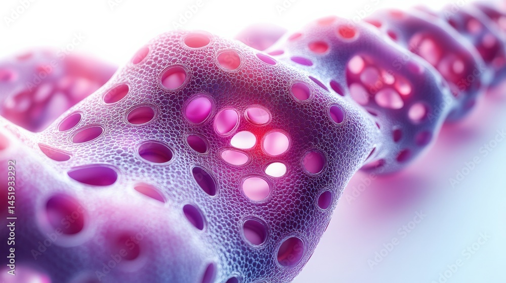 Poster abstract representation of porous structure with vibrant colors and glowing elements, suggesting dep