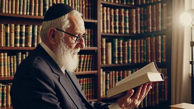 Senior rabbi reading sacred text, focusing intently within traditional library surrounded by bookshelves, embodying scholarly Jewish wisdom and cultural heritage