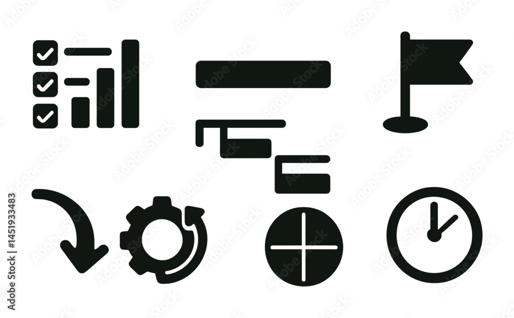 Poster Project management solid icons set – filled, task tracking and workflow symbols