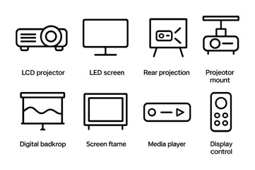 Projection equipment outline icons set – linear, digital, presentation tools