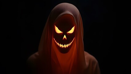 Halloween Grim Reaper Hooded Figure with Glowing Jack-o'-lantern Face