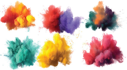 Set of frozen colored powder explosions, vibrant hues suspended in mid-air, isolated on a white vector background, Color Powder Explosion Collection Set Isolated on Transparent 