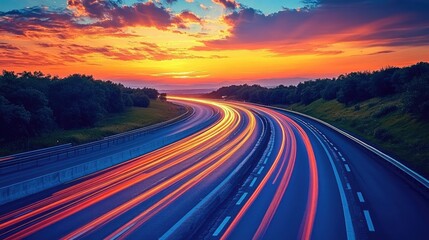 Fototapeta premium Highway at Sunset. Colorful streaks of light from cars illuminate a winding highway at sunset. Serene and vibrant colors of the sky and landscape