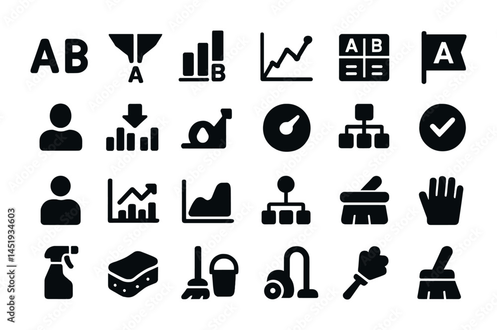 Poster business data solid icons set – analytics, charts, management and workflow graphics