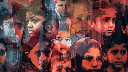 Obraz premium World Reefugee Day, A digital mural featuring diverse faces of refugees from around the world