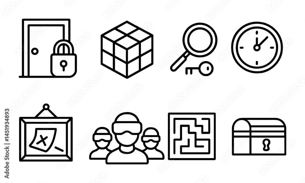Poster escape room linear icons set – puzzle, challenge, problem-solving symbols