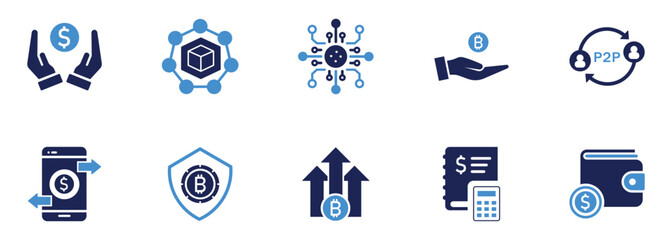 Cryptocurrency Icon Set .Blockchain, Bitcoin, Wallet, P2P, Mobile Payment, Crypto Security and Investment Icons for Fintech, Finance and Digital Currency Design
